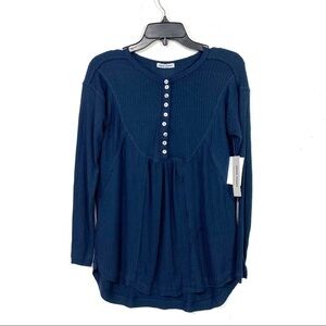 ⭐️ NEW Sweet Romeo Waffle Knit Oversized Henley Long Sleeve Size XS In Navy Blue